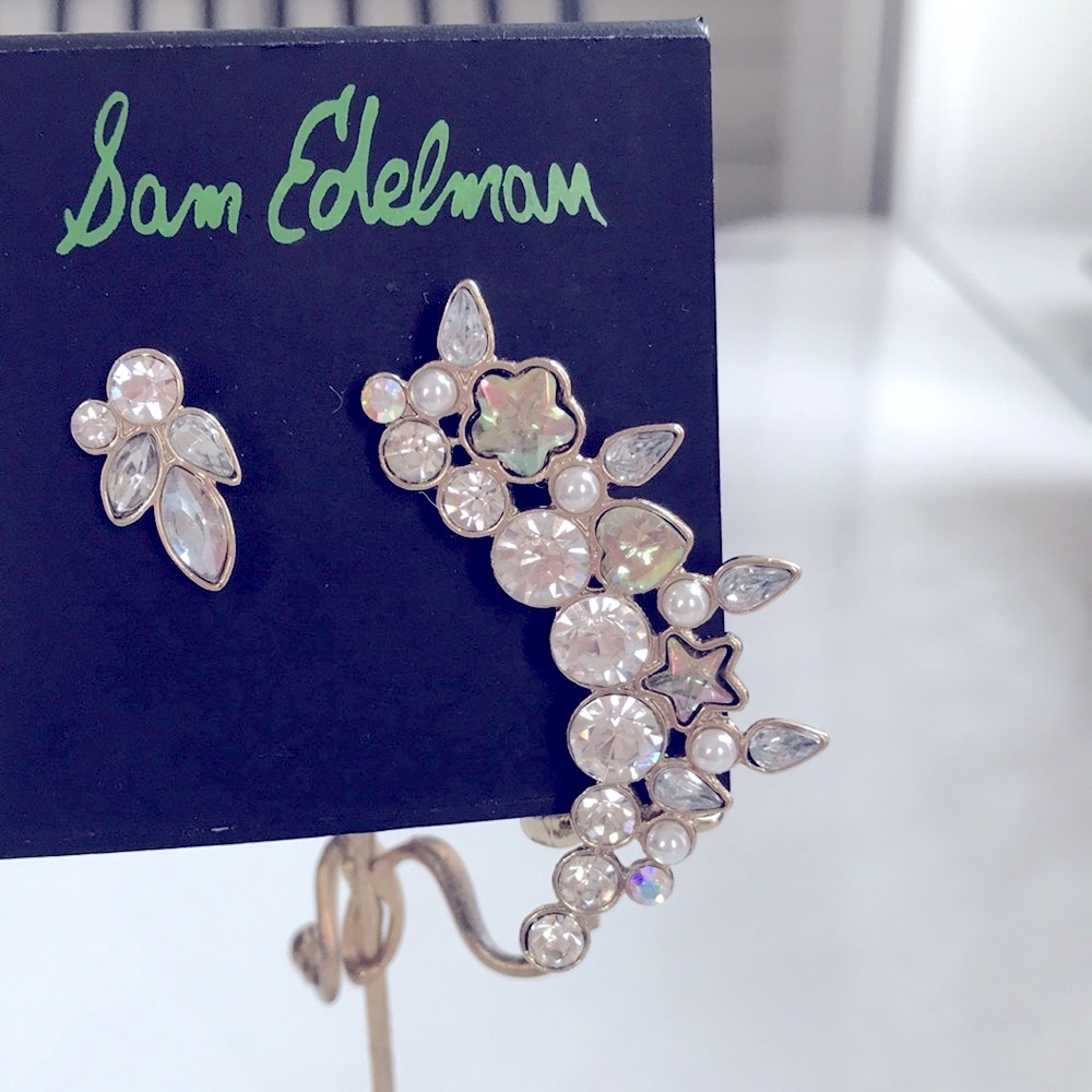 Sam Edelman pair of crystal, rhinestone and pearl earrings with cuff